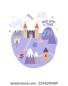 Colorful hand drawn map of wonderland with castles and quote "Once upon a time". Concept for children posters, t-shirts, stickers, greeting cards.