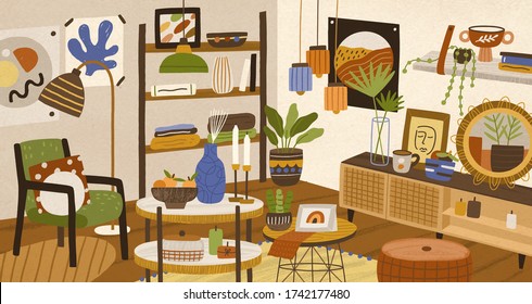 Colorful hand drawn modern interior vector illustration. Cosiness furnishing living room decorated by hygge design elements. Cozy apartment with trendy homey decorations