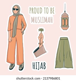Colorful Hand drawn muslim girl stickers collection