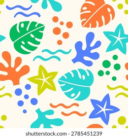 Colorful hand drawn natural elements seamless pattern design for summer holidays background.