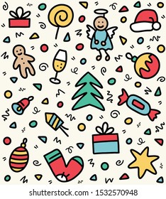 Colorful hand drawn New Year and Christmas doodle pattern with champagne, tree, candy, ball, star, angel, sock and fireworks. Flat vector illustration