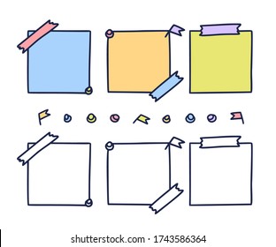 Colorful hand drawn notepaper. paper sheet set in doodle style isolated on white background, pieces of pastel note book pages, memo pad stickers vector illustration