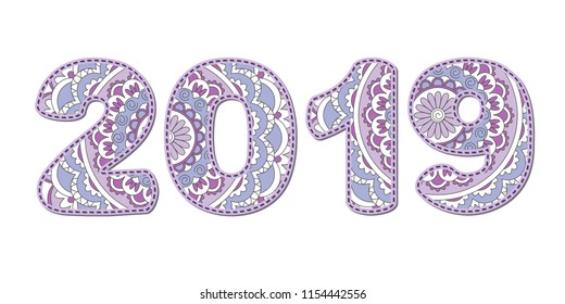 Colorful hand drawn numbers 2019 patterned in zen-tangle style. Handwritten flat font 2019  for decorate calendar, banner, new year card. Isolated on white background. eps 10
