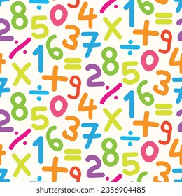 Colorful Hand Drawn Numbers with math symbols seamless pattern on white background. For back to school projects, classrooms and kids playroom 