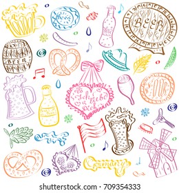 Colorful Hand Drawn Oktoberfest Symbols. Funny Drawings of Beer Cups, Hearts, Pretzel, Sausage, Barrel isolated on White. Vector Illustration.