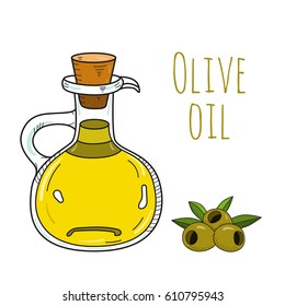 Colorful hand drawn olive oil bottle. Isolated cute decanter with healthy cooking oil and olives. Sketchy cartoon illustration for restaurant, organic shop. Glass jug with cork.