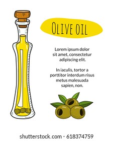 Colorful hand drawn olive oil bottle with sample text. Isolated cute bottle with healthy cooking oil and olives. Sketchy cartoon illustration for restaurant, organic shop banner, flyer, coupon.
