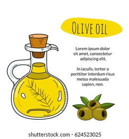 Colorful hand drawn olive oil bottle with sample text. Isolated cute decanter with healthy cooking oil and olives. Sketchy cartoon illustration for restaurant, organic shop banner, flyer, coupon.