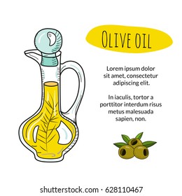 Colorful hand drawn olive oil bottle with sample text. Isolated cute decanter with healthy cooking oil and olives. Sketchy cartoon illustration for restaurant, organic shop banner, flyer, coupon.