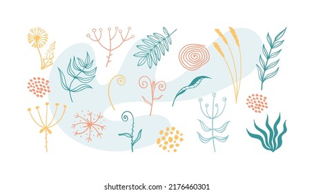 Colorful Hand Drawn Organic Shapes, Plants, Spots, Dots. Vector Set Of Minimal Trendy Abstract Isolated Doodle Elements For Graphic Design. Pastel Colors – Green, Yellow, Pink And Blue.