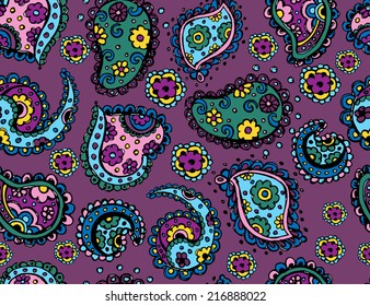 Colorful hand drawn paisley pattern. Ethnic style.