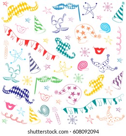 Colorful Hand Drawn Party Symbols. Children Drawings of Party Elements.  Vector Illustration.