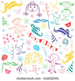 Colorful Hand Drawn Party Symbols and Happy Kids. Children Drawings of Party Elements. Vector Illustration.