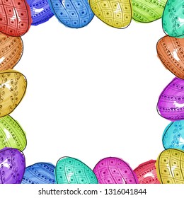 Colorful hand drawn pattern easter eggs decorated on white background for Happy Easter celebration concept.