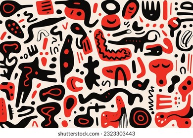 colorful hand drawn pattern featuring several characters, in the style of abstract minimalist forms, prehistoric art, graffiti calligraphy, light black and red, esteban vicente, mr. doodle, thick text