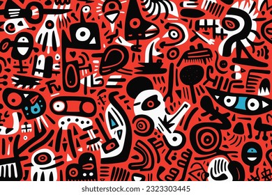 colorful hand drawn pattern featuring several characters, in the style of abstract minimalist forms, prehistoric art, graffiti calligraphy, light black and red, esteban vicente, mr. doodle, thick text