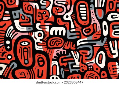 colorful hand drawn pattern featuring several characters, in the style of abstract minimalist forms, prehistoric art, graffiti calligraphy, light black and red, esteban vicente, mr. doodle, thick text