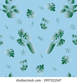 Colorful hand drawn pattern on blue background with plants painted gradient . For textiles, notebook covers, cards and other printed products. Vector pattern. 