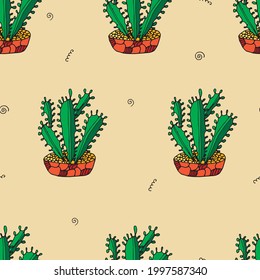 Colorful hand drawn pattern on a pink background with bicycle, indoor plants, leaves and curls. For textiles, notebook covers, cards and other printed products. Vector pattern. 