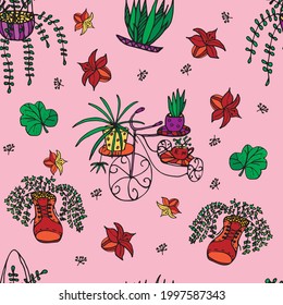 Colorful hand drawn pattern on a pink background with bicycle, indoor plants, leaves and curls. For textiles, notebook covers, cards and other printed products. Vector pattern. 