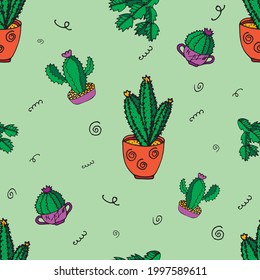 Colorful hand drawn pattern on a green background with indoor cacti and curls. For textiles, notebook covers, cards and other printed products. Vector pattern. 