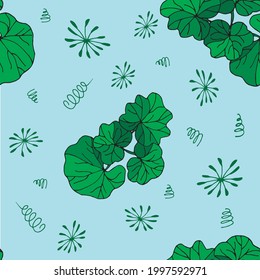 Colorful hand drawn pattern on a blue background with leaves and curls. For textiles, notebook covers, cards and other printed products. Vector pattern. 