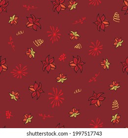 Colorful hand drawn pattern with red and yellow flowers. For textiles, notebook covers, cards and other printed products. Vector pattern. 