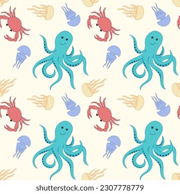 Colorful hand drawn pattern sea life animals Cartoon octopus, jellyfish and crab background. Seamless pattern of the underwater world.  