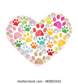 Colorful hand drawn paw print made of hearts vector illustration