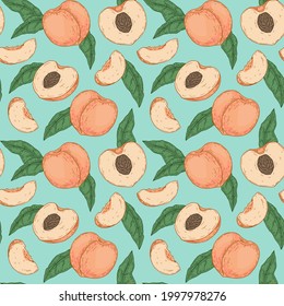 Colorful hand drawn peach seamless pattern. Vector illustration