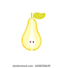 Colorful hand drawn pear half isolated on white background. Flat cartoon vector illustration. Modern abstract fruit. Pear cross section with green leaf