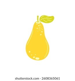 Colorful hand drawn pear isolated on white background. Flat cartoon vector illustration. Modern abstract fruit icon. Whole pear with green leaf