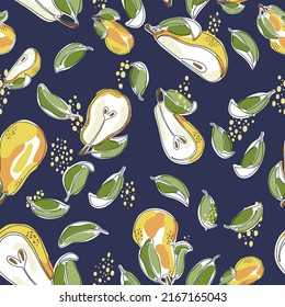 Colorful hand drawn pear vector seamless pattern. Vibrant summer tile. Continuous line pear illustration. Fresh fruit on dark blue background for endless fill. Bright seamless pattern.