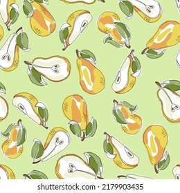 Patrón transparente de vectores de pera dibujados a mano. Baldosa de verano vibrante. Ilustración de peras de línea continua. Frutos frescos sobre fondo verde claro para relleno inagotable. Patrón brillante y transparente.