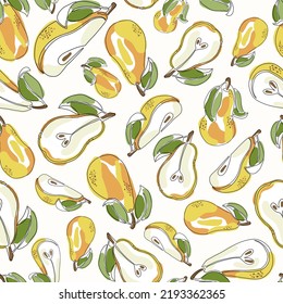 Colorful hand drawn pear vector seamless pattern. Vibrant summer tile. Continuous line pear illustration. Fresh fruit on white background for endless fill. Bright seamless pattern.