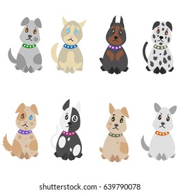 Colorful hand drawn pets set with dogs of different breeds on white background isolated vector illustration