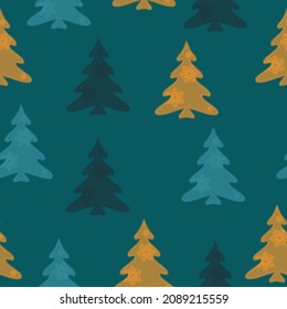 Colorful hand drawn pine tree seamless pattern with snow and star background. A lot of fir-trees. Decorative wallpaper, good for printing. Happy New Year. Winter time