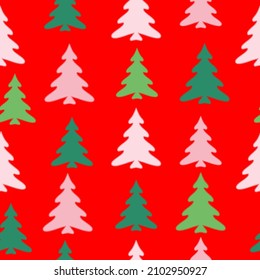 Colorful hand drawn pine tree seamless pattern with snow and star background. Seamless christmas pattern with christmas trees, bows, snowflakes on colored background