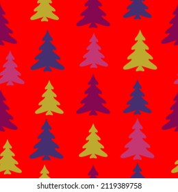 Colorful hand drawn pine tree seamless pattern with snow and star background.  Doodles. Seamless colorful winter pattern on black background. Vector illustration.