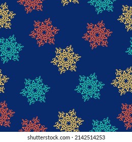 Colorful hand drawn pine tree seamless pattern with snow and star background.  Doodles. Seamless colorful winter pattern on black background. Vector illustration.