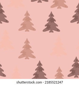 Colorful hand drawn pine tree seamless pattern with snow and star background. A lot of fir-trees. Decorative wallpaper, good for printing. Happy New Year. Winter time