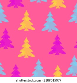 Colorful hand drawn pine tree seamless pattern with snow and star background. A lot of fir-trees. Decorative wallpaper, good for printing. Happy New Year. Winter time