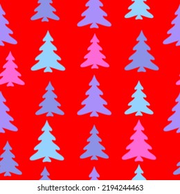Colorful hand drawn pine tree seamless pattern with snow and star background. Seamless christmas pattern with christmas trees, bows, snowflakes on colored background