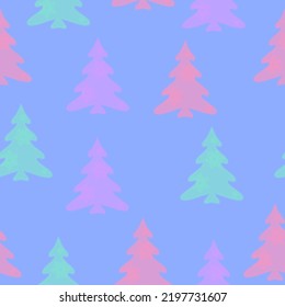 Colorful hand drawn pine tree seamless pattern with snow and star background. A lot of fir-trees. Decorative wallpaper, good for printing. Happy New Year. Winter time