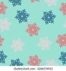 Colorful hand drawn pine tree seamless pattern with snow and star background.  Design illustration. A lot of fir-trees. Decorative wallpaper, good for printing. 