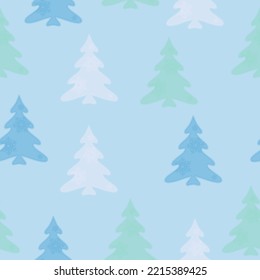 Colorful hand drawn pine tree seamless pattern with snow and star background. A lot of fir-trees. Decorative wallpaper, good for printing. Happy New Year. Winter time