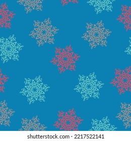Colorful hand drawn pine tree seamless pattern with snow and star background.  Design illustration. A lot of fir-trees. Decorative wallpaper, good for printing. 