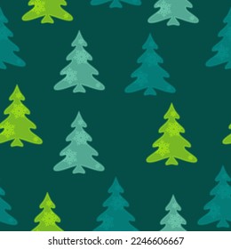 Colorful hand drawn pine tree seamless pattern with snow and star background. A lot of fir-trees. Decorative wallpaper, good for printing. Happy New Year. Winter time