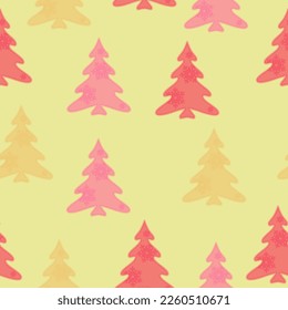 Colorful hand drawn pine tree seamless pattern with snow and star background. A lot of fir-trees. Decorative wallpaper, good for printing. Happy New Year. Winter time