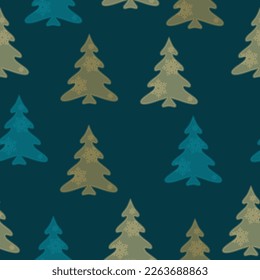 Colorful hand drawn pine tree seamless pattern with snow and star background.  Doodles. Seamless colorful winter pattern on black background. Vector illustration.